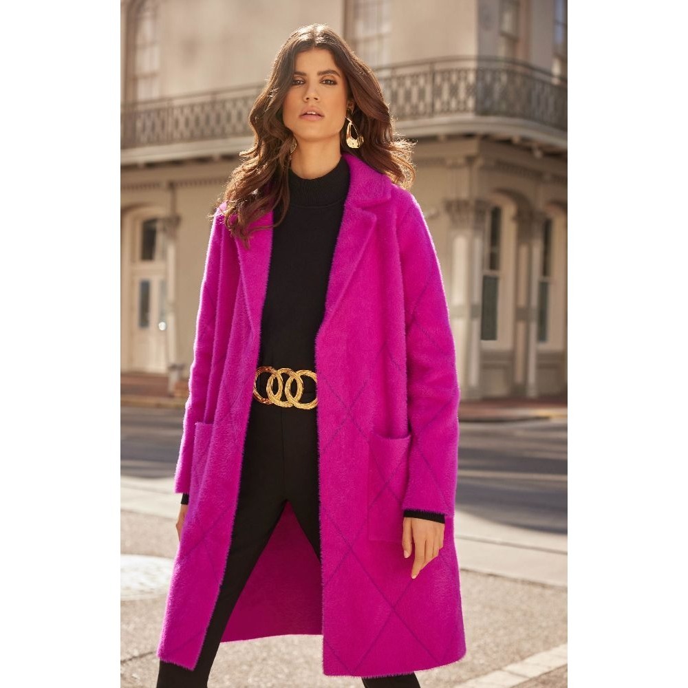 Joseph Ribkoff Magenta Pink Fuzzy Diamond Knit Longline Button Front Coat Medium